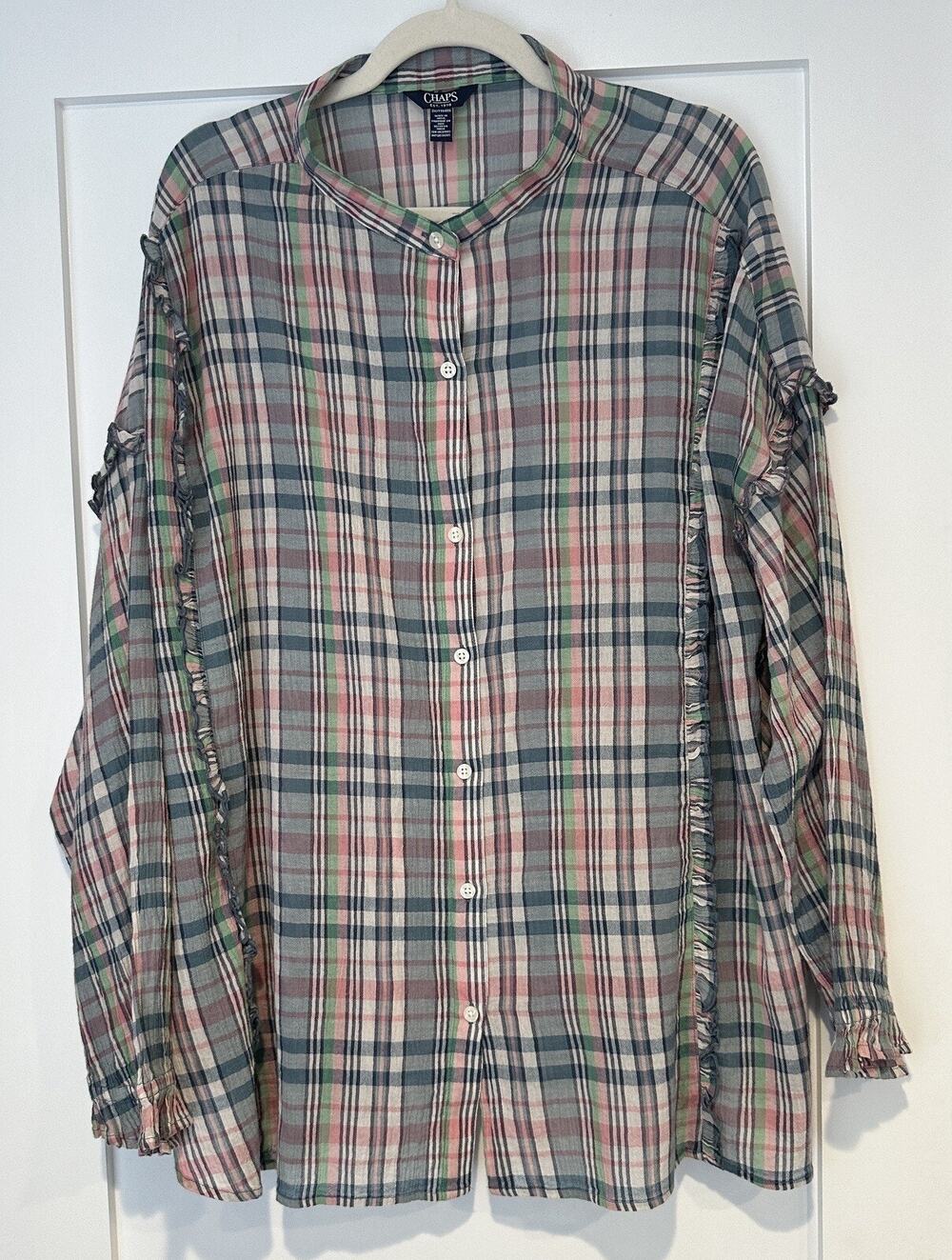 NEW Chaps Plus 2X Womens Button Front Shirt Long Sleeve Top Plaid Blue Madras